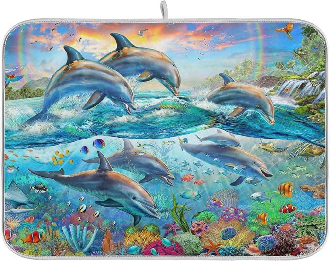 Absorbent Dish Drying Mat for Kitchen Counter - Dolphin Watercolor Summer Microfiber Drying Pad, Reversible Drainer Mats for Countertop, Small 16 x 18 inch