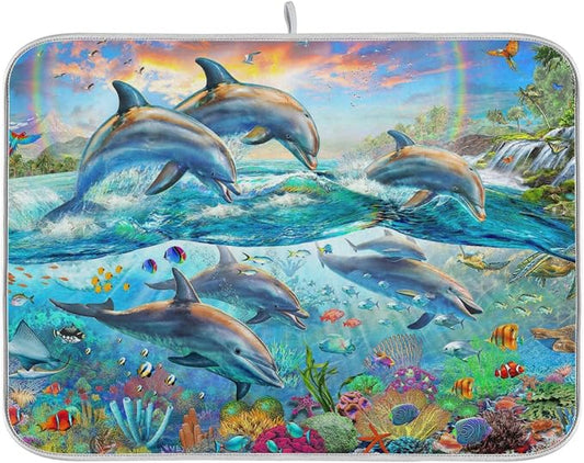 Absorbent Dish Drying Mat for Kitchen Counter - Dolphin Watercolor Summer Microfiber Drying Pad, Reversible Drainer Mats for Countertop, Small 16 x 18 inch