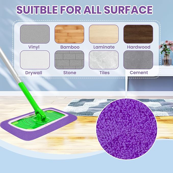 6 Pack Reusable Microfiber Mop Pads - Compatible with Sweeper, Reusable Mop Pads, Washable Dry Cloths & Wet Pads Refill for Hardwood Laminate Tile Floor Cleaning (6, Purple, M)