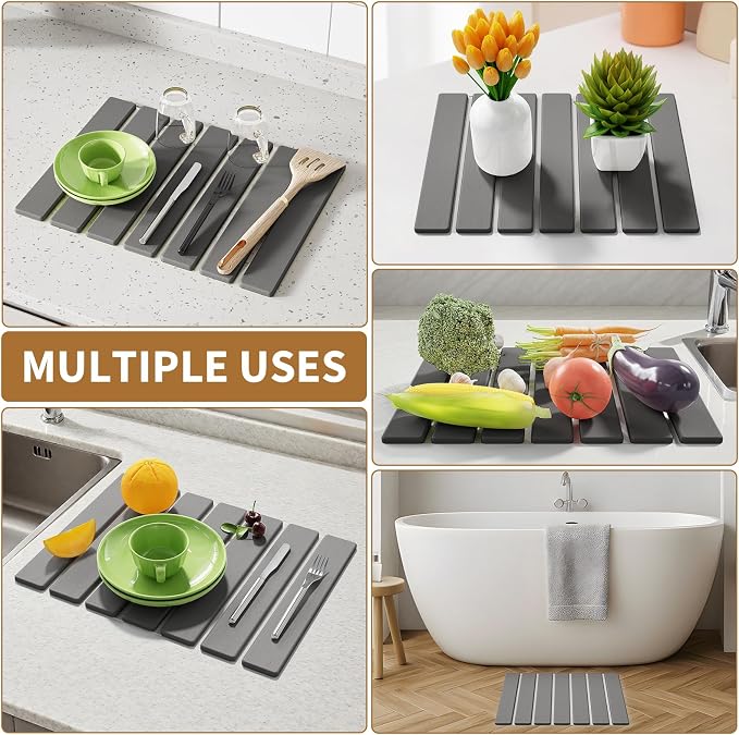 Stone Dish Drying Mat for Kitchen Counter,15.5''x11.8'' Foldable Quick Dry Stone Kitchen Mat,Eco-Friendly,Absorbent Diatomaceous Earth Mats for Dishes Bottles Cups Bathroom Any Countertop-Dark Gray