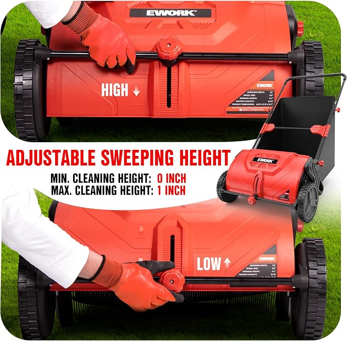 EWORK Push Lawn Sweeper, 26-INCH Leaf Sweeper for Lawn Push with 3.5 cu.ft.Hopper Bag, Adjustable Brush Height, Lightweight Walk Behind Lawnsweeper & Leaf Collector for Yard & Garden Clean