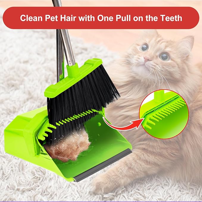 Broom and Dustpan Set for Home, 51" Long Handle Standing Pan Light Green | Self-Cleaning Dust Pan and Brooms, ZeroGap Lip, Upright Storage Broom Combo for Kitchen Lobby Office Restaurant Indoor