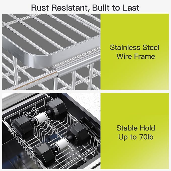 JASIWAY Expandable Stainless Steel Dish Drying Rack Over The Sink For Small Kitchen, Counter Space Saving Compact Plate Drainer Strainer, Adjustable Hanging Metal Dish Dryer Holder with Utensil Holder