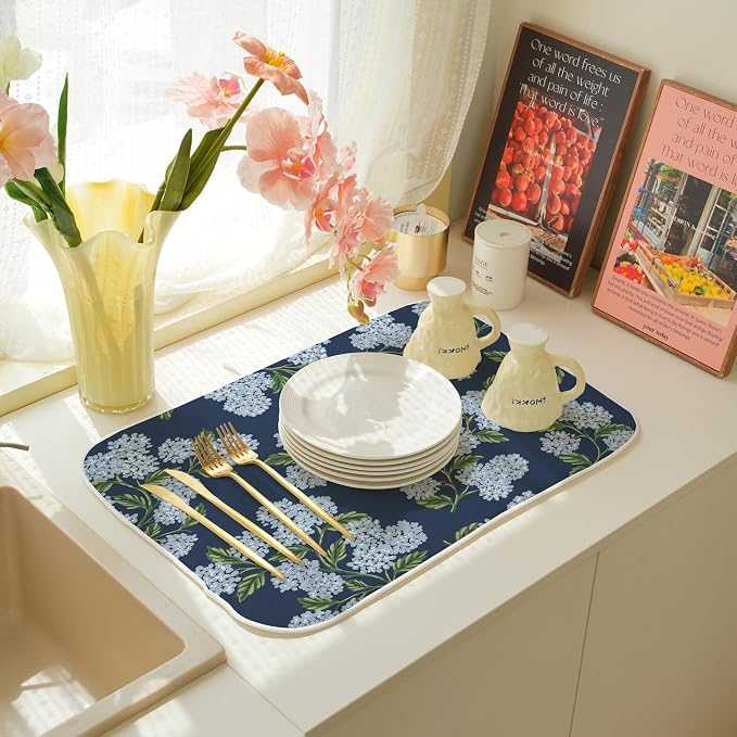 Spring Dish Drying Mat 18x24 Inches For Kitchen Counter Absorbent Blue Hydrangea Floral Kitchen Decoration Summer Flower Drying Mat Pad For Home Kitchen,Dining Room,Office Decor