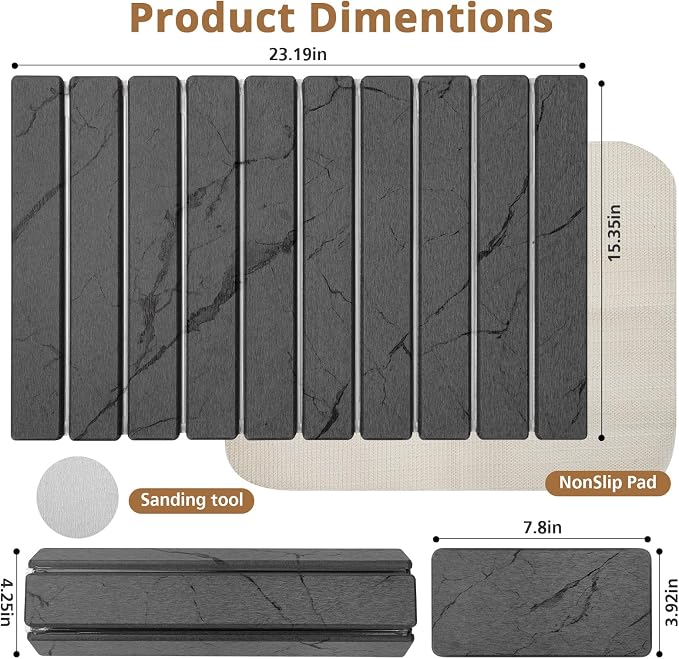 2 PCS Large Stone Dish Drying Mat for Kitchen Counter, Marbled Quick Dry Stone Dish Mats, Diatomaceous Earth Drying Pad, Foldable and Super Absorbent Dish Drying Stone Mat (Dark Gray 24"×16" & 8"×4")