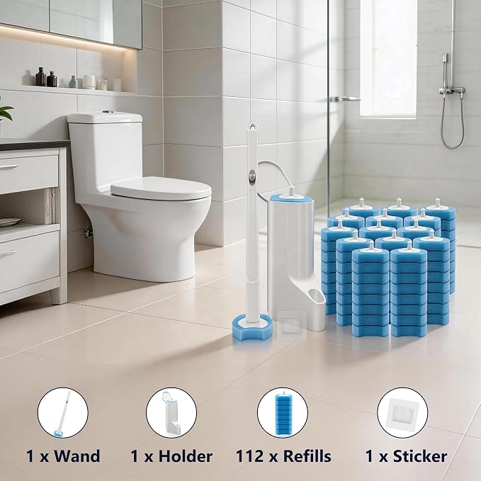Disposable Toilet Brush and Holder Set with 112 Toilet Bowl Wand Refills | Wall-mounted Toilet Scrubber Kit-16.81" ABS Handle&Holder, 112 Sponge Brush Heads for House, Apartment, RV Bathroom Cleaning