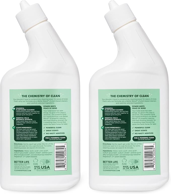 Better Life Toilet Bowl Cleaner, Plant-based, Stain & Odor Remover, Tea Tree & Peppermint Scent Cleaning Gel, Liquid Bathroom Cleaners for Household, 24 Oz, Pack of 2
