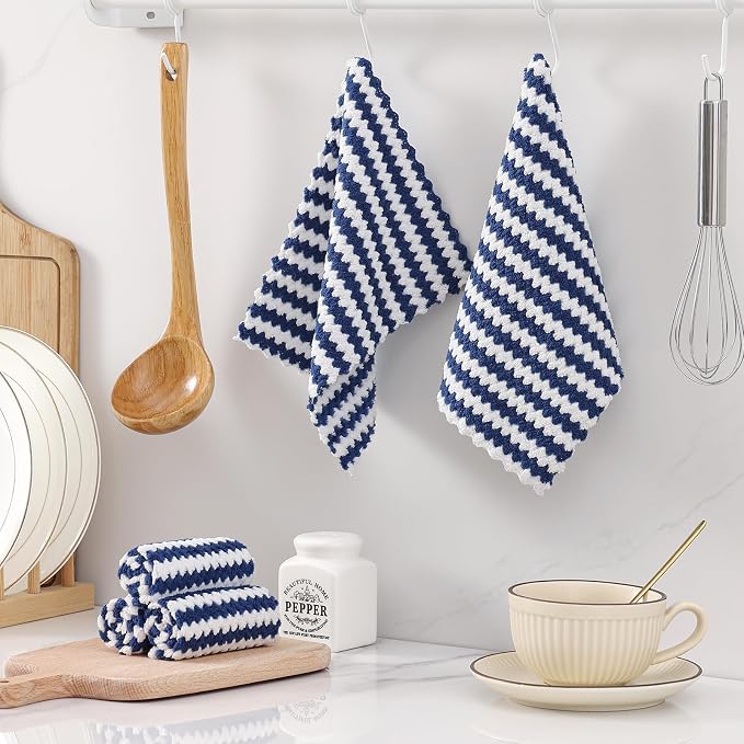 Homaxy 12 Pack Kitchen Dish Cloths, Ultra Soft and Absorbent Dish Towels, Reusable Fast Drying Microfiber Cleaning Cloth, Coral Velvet Wave Design No-lint, 7 x 9 inches, Navy Blue