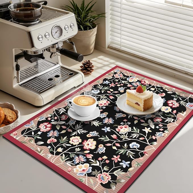 LOKHOM Floral Dish Drying Mat, 18"x24" Super Absorbent Non-slip Bordered Coffee Mat with Oil Painting Black Floral, Cuttable Hide Stain Drying Mat for Kitchen Counter Coffee Maker Espresso Machine