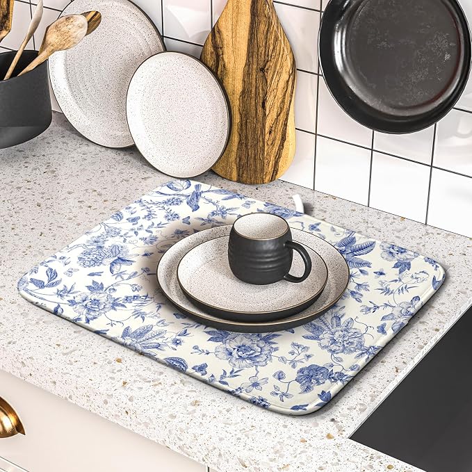Giwawa Chinoiserie Flower Dish Drying Mat Blue Leaves Dishes Drying Pad Reusable Washable Kitchen Countertop Protector Dish Drainer Mat 16x18 Inch
