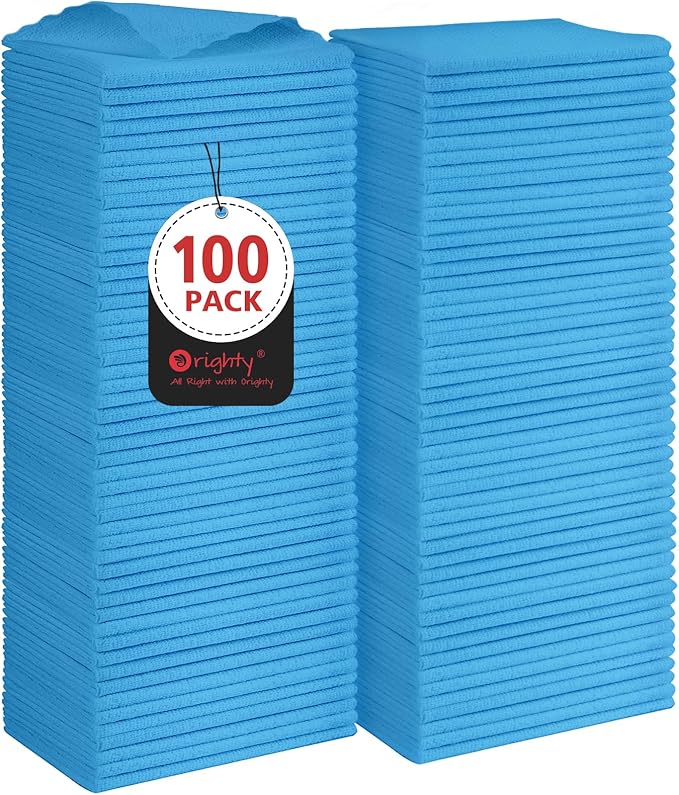 Orighty Microfiber Cleaning Cloth Bulk, 100 Pack, 11.5x11.5 inch, Blue | Microfiber Towels for Cars, Multi-Purpose Shop Towels, Soft Highly Absorbent Cleaning Rags for Car, Home, Kitchen