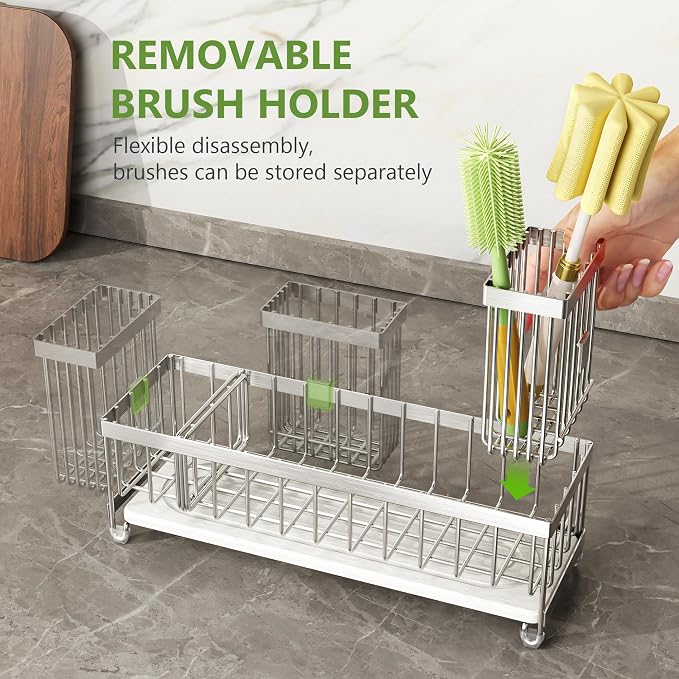 Cisily Extra Large Sink Caddy Organizer with Drying Stone, Silver Sponge Holder for Kitchen, Dish Brush Holder for Countertop, Kitchen Decor Storage and Essentials