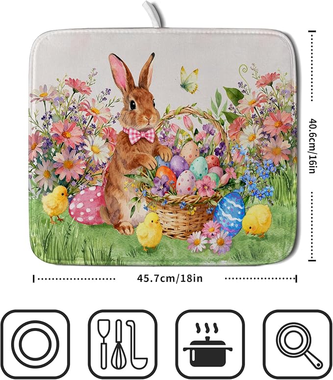 Spring Easter Dish Drying Mat for Kitchen Counter Colorful Egg Holiday Decoration Cloth Dish Mats Small