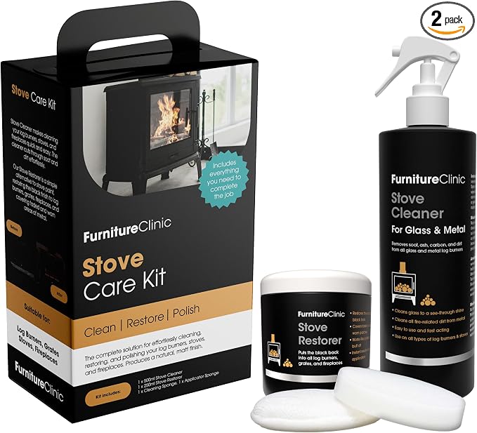 Furniture Clinic Stove Care Kit – Clean & Restore Log Burners, Grates, & Fireplaces | Removes Soot & Dirt | One Bottle Glass & Metal Cleaner + Stove Polish | 500ml / 17 Fl Oz Each Bottle