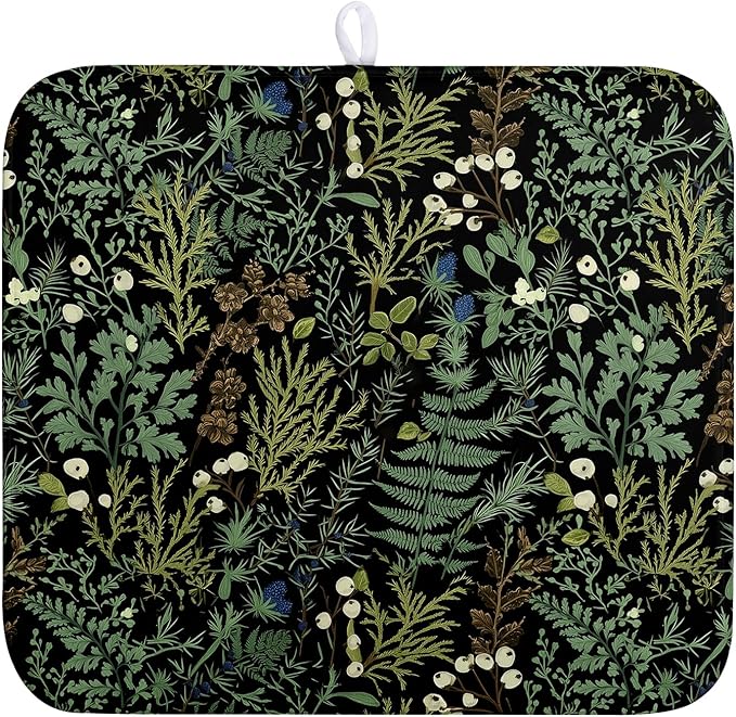 Dish Drying Mat for Kitchen Counter Vintage Green Plant Fern Leaves Floral Drying Mats Absorbent Microfiber Black Dish Drainer Pad Reusable Washable Dish Draining Mats Medium 16x18 Inch