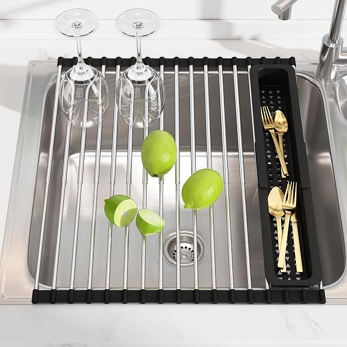 JASIWAY Roll Up Dish Drying Rack, Expandable (12.8"-23.8" D x 15.5" W) Stainless Steel Portable Drainer for Kitchen Sink Counter, Foldable Over The Sink Cover with Removable Utensil Holder, Black