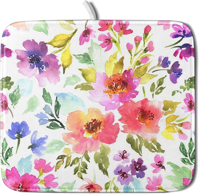 Spring Floral Dish Drying Mat for Kitchen Counter Flower Microfiber Absorbent Dish Draining Reusable Washable Foldable 16"x18"