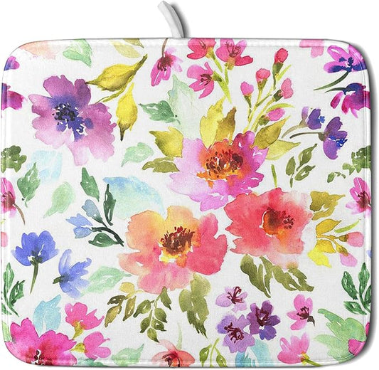 Spring Floral Dish Drying Mat for Kitchen Counter Flower Microfiber Absorbent Dish Draining Reusable Washable Foldable 16"x18"