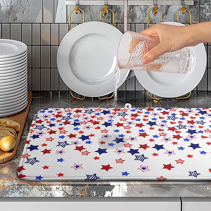 4th of July Dish Drying Mat for Kitchen Counter Patriotic Stars Dishes Drainer Mats Independence Memorial Day Microfiber Absorbent Dish Draining Pad Extra Large 18"x24"