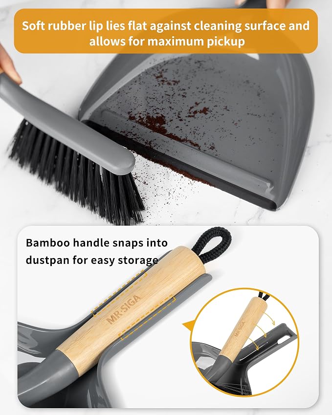 MR.SIGA Dustpan and Brush Set, Bamboo Handle, Gray, 1 Set | Handheld brush and dustpan combo with hanging loop, small broom and dustpan set