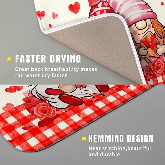 Love Gnome Dish Drying Mat 16"x18" Red Heart Microfiber Dish Drainer Rack Mat Holiday Absorbent Dishes Pad for Kitchen Counter Sink Decor