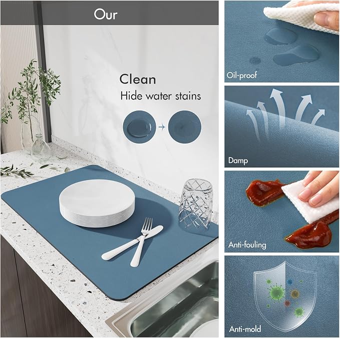 Drying Mat for Kitchen Countertops, Coffee Mat Hide Stain Rubber Backed Absorbent Dish Drying Mat