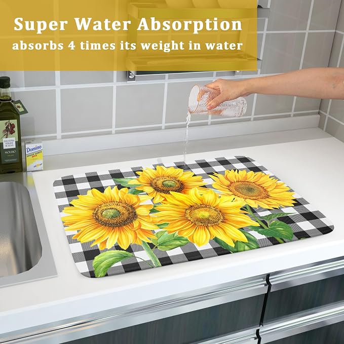 Sunflower Dish Drying Mat for Kitchen Counter Black White Buffalo Plaid Microfiber Absorbent Dish Draining Reusable Washable Foldable Extra Large 18"x24"