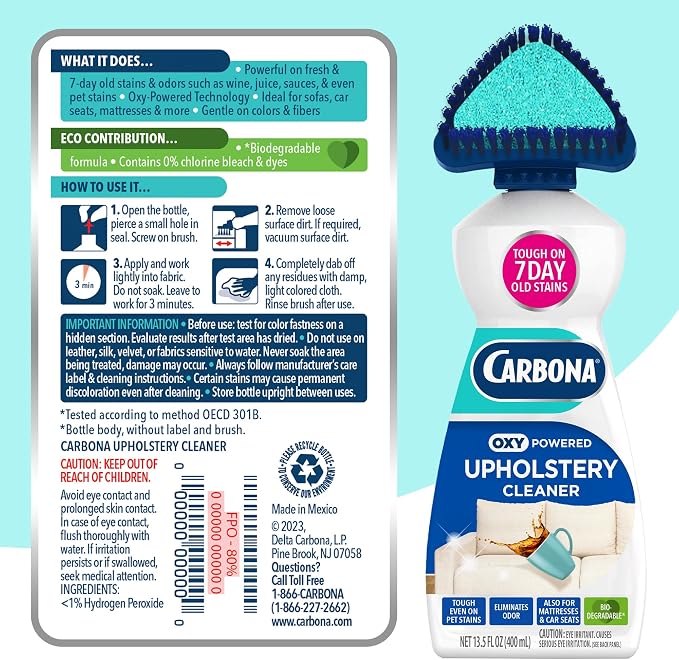 Carbona Oxy Powered Upholstery Cleaner with Brush & Sponge (13.5 Fl Oz), Stain Remover for Couches, Car Seats & Mattresses. Fast Formula, No Residue