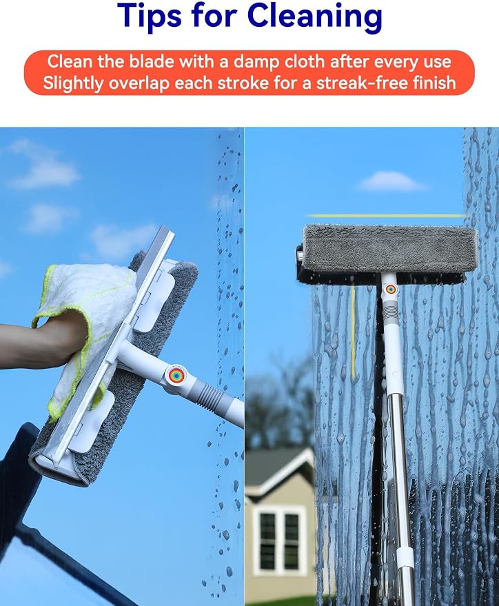 CTIME 80" Professional Window Squeegee Kit with Extension Pole, 5 Cloths | Safe Ladder-Free Reach; Anti-Rust Stainless Steel; 2-in-1 Wash/Dry; Bonus Storage Bag; Durable PP Handle; Streak-Free Finish