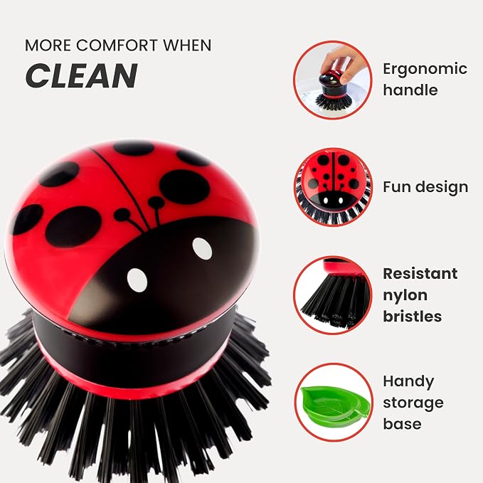 Vigar Ladybug Dish Scrub Brush with Holder, Kitchen Scrub Brush for Dishes, Dish Scrubber, Sink Brush, Dishwashing Brush and Vegetable Scrubber for Household Cleaning - Ladybug