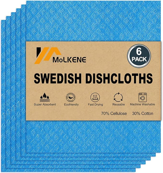 MoLKENE Swedish Dishcloths for Kitchen | 6 Pack Absorbent Cellulose Sponge Cloths Washable | Non-Scratch Reusable Paper Towels Quick Drying Cleaning Cloths - Blue