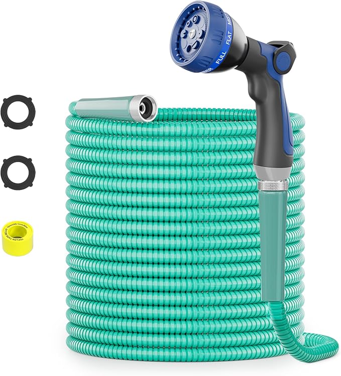 SPECILITE 25ft 304 Stainless Steel Metal Garden Hose with Nozzle (Aqua) | Puncture Resistant, Flexible, Never Kink & Tangle, Heavy Duty Water Pipe for Yard, Outdoor, Lawn