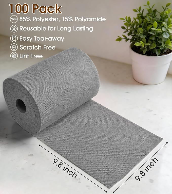 KitchLife Microfiber Cleaning Cloth Roll, 100 Pack - Tear-Away Microfiber Paper Towels, Lint-Free, Reusable, Washable for Kitchen, Car, Dishes, and Sensitive Surfaces (Dark Gray)