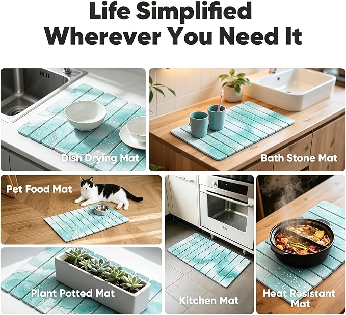 Stone Drying Mat for Kitchen Counter, Quick Diatomaceous Earth Mats for Dishes, 24"L x 16" W Super Absorbent Fast-Drying Collapsible Countertop Stone Mat (Marble White Green-01, 24" x 16")