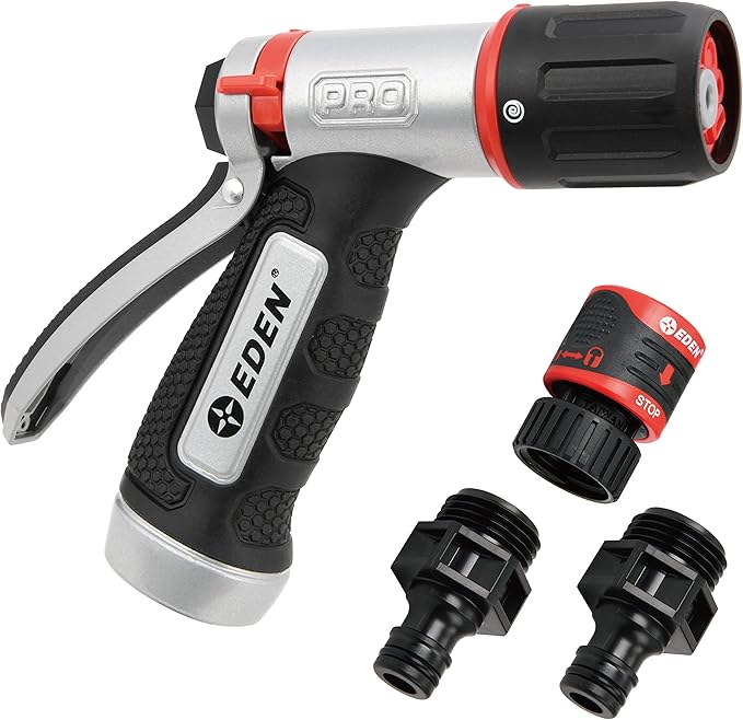 Eden PRO 94844 Metal Rear-Trigger 4-Pattern Turbo Nozzle | Heavy-Duty Hose Sprayer for Garden, Lawn, Plants, Outdoor Cleaning, Durable Aluminum Core, Quick Connect Set Bundle