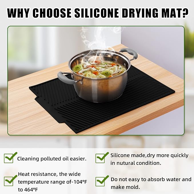 Dish Drying Mat for Kitchen Counter, Silicone Large Dish Drying Pad, Easy Clean Non-slipping Heat Resistant Dish Rack Mat, Foldable Dish Drain Mat, 17'' x 13'', Black
