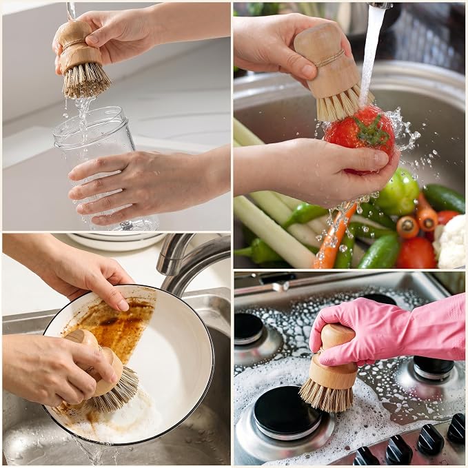 Dish Brush Set, Natural Fiber Kitchen Scrubber with Ergonomic Grip, Wooden Handle, 3 Pack