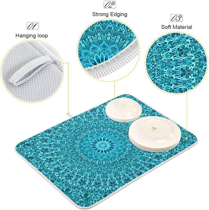 Super Absorbent Dish Drying Mat, Microfiber Fast-Drying Dish Mat, 24" x 18", Kitchen Dish Drying Pad, Mandala Turquoise Teal Blue Green