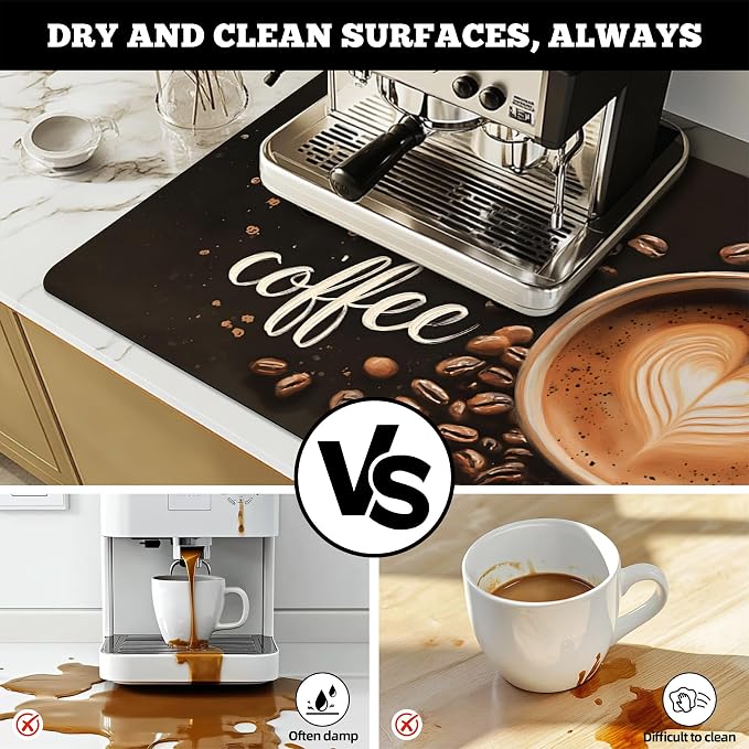 Dish Drying Mat Large Coffee Mat Absorbent Drying Mat for Kitchen Counter Coffee Bar Accessories 32"x 17", Coffee and Beans 1