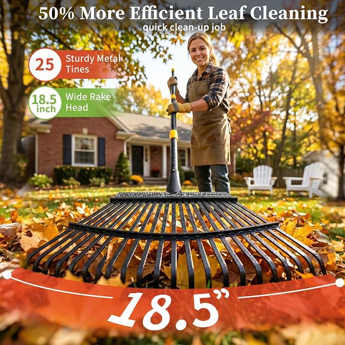 Rake, Gardening Rakes for Leaves Lawns Heavy Duty, 79 in Leaf Rake with 25 Clog-Free Tines, 18.5” Wide Large Head, Metal Garden Tools for Yard Quick Cleanup Garss, Debris, Detachable for Camping