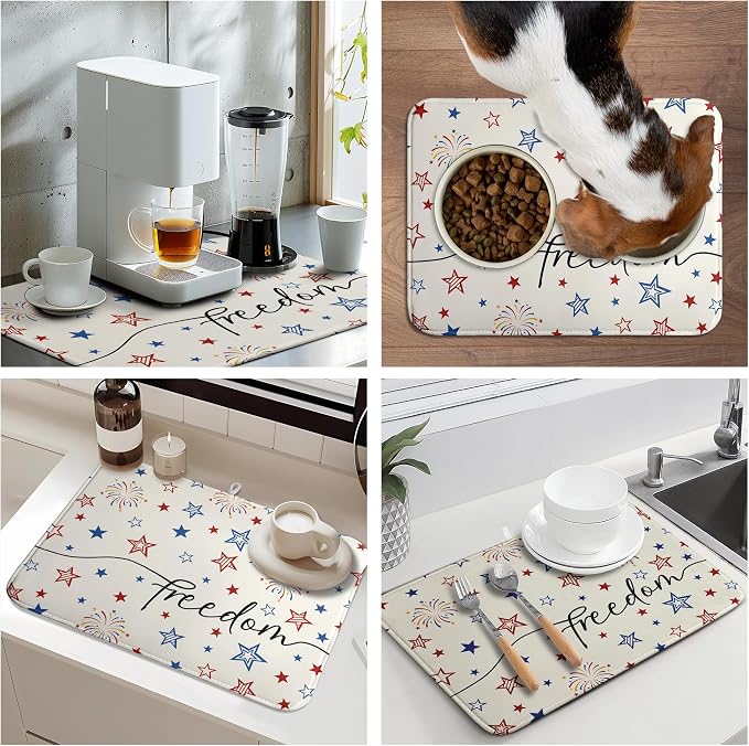 Patriotic Stars Dish Drying Mats 4th of July Dish Mat Kitchen Large Drying Matt Dishes Dryer Pad for Kitchen Counter Absorbent Microfiber Washable Foldable Reusable 18x24 in