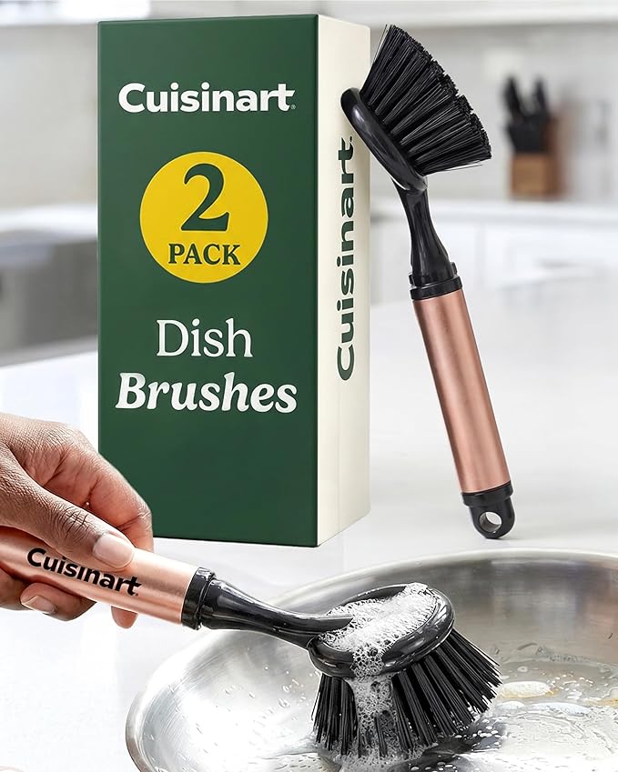Cuisinart Dish Brush with Handle, 2 Pack, Firm Bristles | Multi-purpose dish scrubber for plates, pots, and pans, deep cleaning removes grease, safe for nonstick, round head