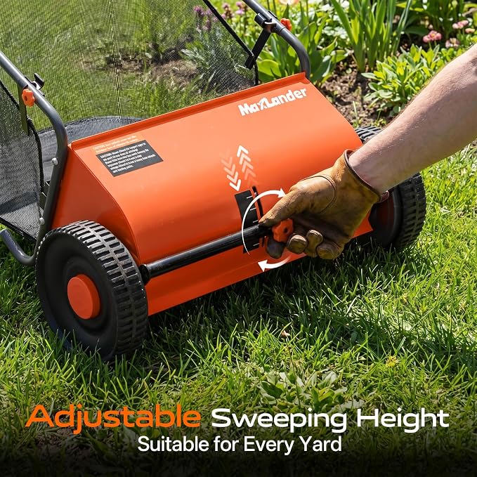 MAXLANDER 26" Lawn Sweeper for Leaves & Grass, Push Behind Yard Cleaner with 7 Cu.Ft. Hopper Bag, Adjustable Height Brushes & Smooth Rolling Rubber Wheels Grass Catchers