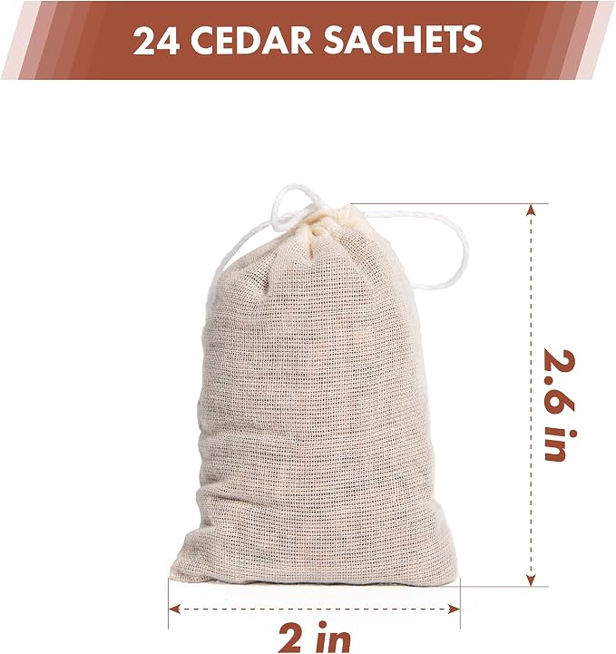 Lavande Sur Terre Pack of 24 Cedar Sachets Bag, Red Cedar Chips Sachets for Clothes Storage, Home Fragrance Sachet for Drawers and Closets, LV-F-CC-1