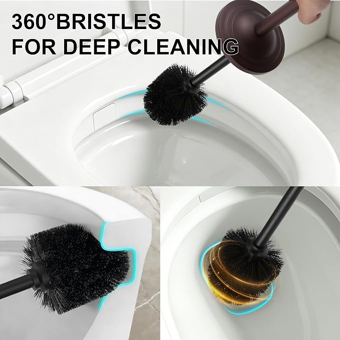 Stainless Steel Toilet Brush and Holder Set,Extra Long Handled Toilet Brush for Bathroom,Heavy Duty Toilet Bowl Brush,Modern Toilet Cleaner Brush, Splash Protection,Deep Cleaning (Bronze)