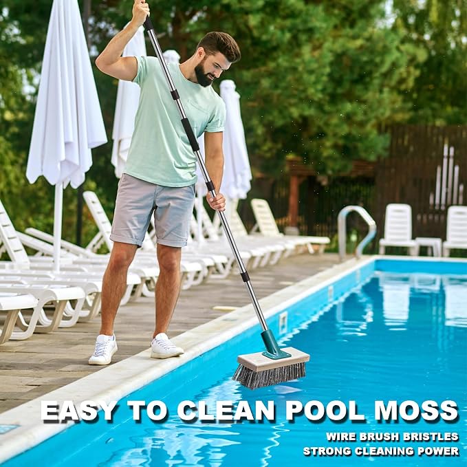 Push Broom Brush Stainless Steel Wire Scrub Brush with Long Handle for Moss, Tough Stains on Deck, Grout, Garage, Patio