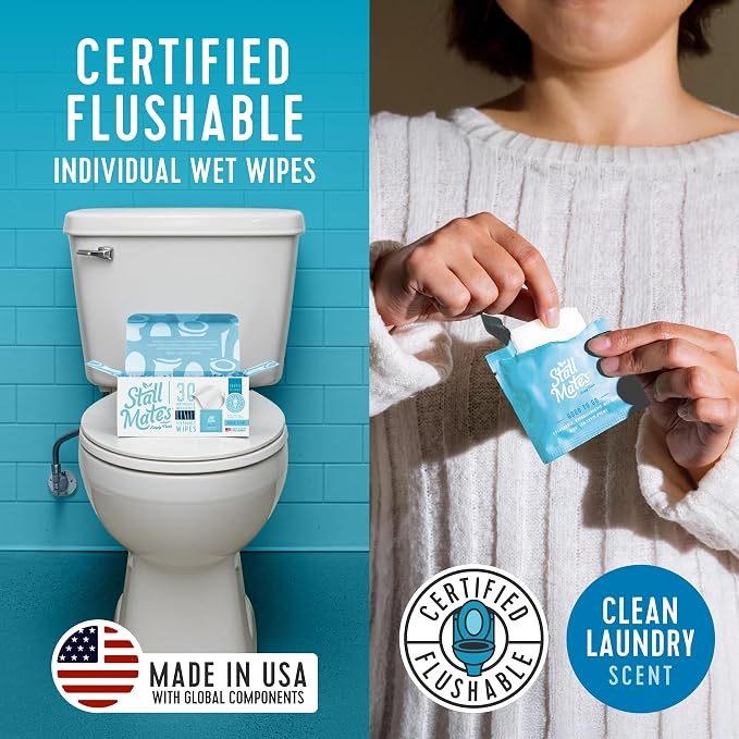 Stall Mates - Flushable Wipes, Individually Wrapped, Travel Friendly, Scented with Cucumber, Vitamin-E & Oat, (30 on-the-go singles)