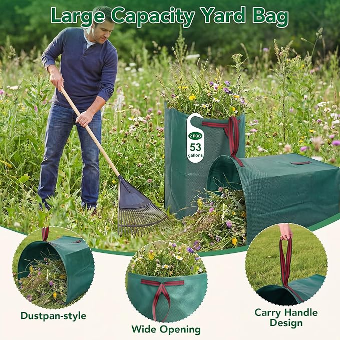 Dntorx 53 Gallon Leaf Bags, 2-Pack, Reusable Yard Waste Bags | Dustpan-Style Opening, Heavy-Duty Pp, Reinforced Handles, Foldable Storage, For Leaves, Grass, And Yard Debris