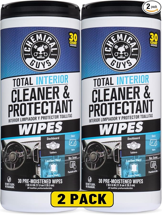 Chemical Guys, Total Interior Cleaner & Protectant Canister Wipes, 60 Count | For cars, trucks, and RVs, 60 count multi-surface wipes, 2-canister pack, multi-surface interior cleaning