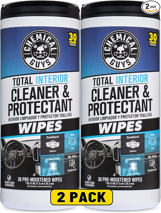 Chemical Guys, Total Interior Cleaner & Protectant Canister Wipes, 60 Count | For cars, trucks, and RVs, 60 count multi-surface wipes, 2-canister pack, multi-surface interior cleaning